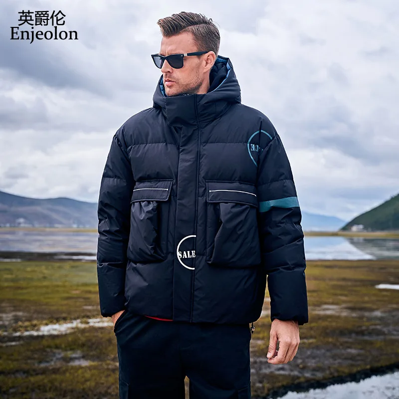 Мужской пуховик с капюшоном Enjeolon теплая куртка контрастных цветов на белом