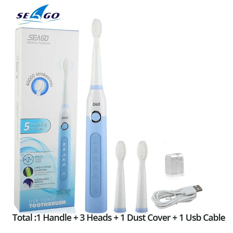blue 1handle 3head Новинка Seago Sonic электрическая зубная щетка SG-507 для взрослых с таймером щетка USB зарядное устройство перезаряжаемые зубные щетки/сменные насадки/коробка - Цвет: blue 1handle 3head