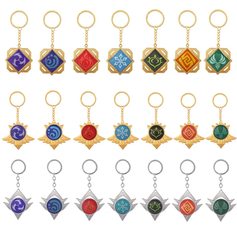 

Game Anime Metal Jewelry Keychains Genshin Impact Cosplay Key Chain 7 Element Weapons Eye of God Accessories Kids Toys Gifts