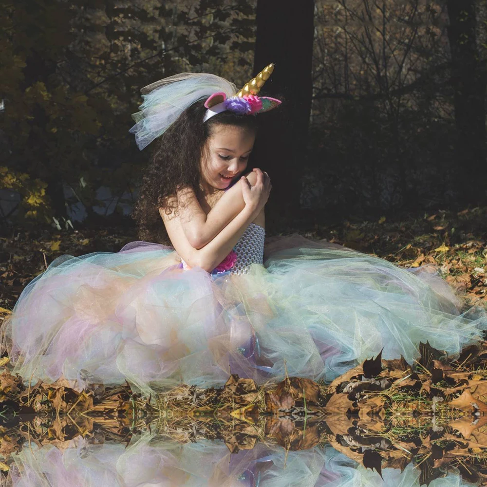 Платье-пачка для девочек с цветочным рисунком единорогом и повязкой на голову