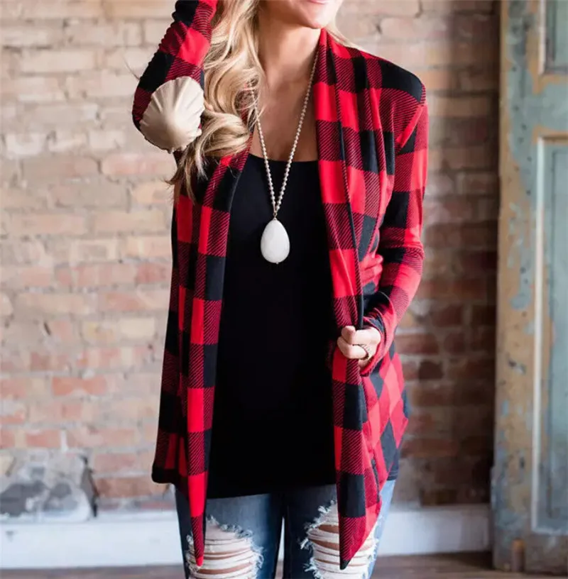 

Women's Plaid Cardigans Long Sleeve Elbow Patch Draped Open Front Shirt Casual Autumn Spring Tops