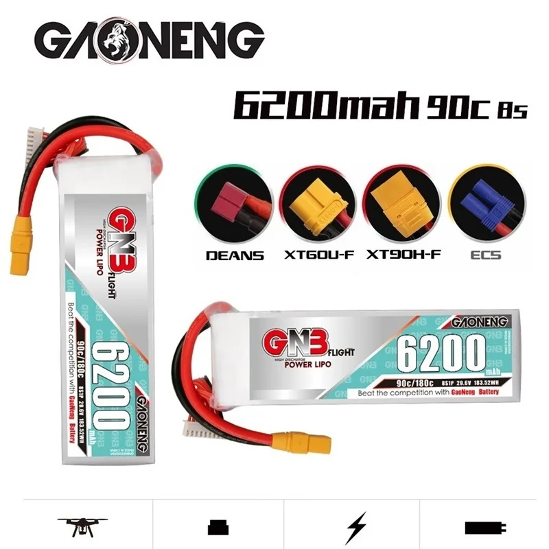 

Rechargeable Battery GAONENG GNB 29.6V 6200mAh T/XT60/XT90/EC5/TRX Plug 90C 8S for FPV Racing Drone Quadcopter Accessories Part