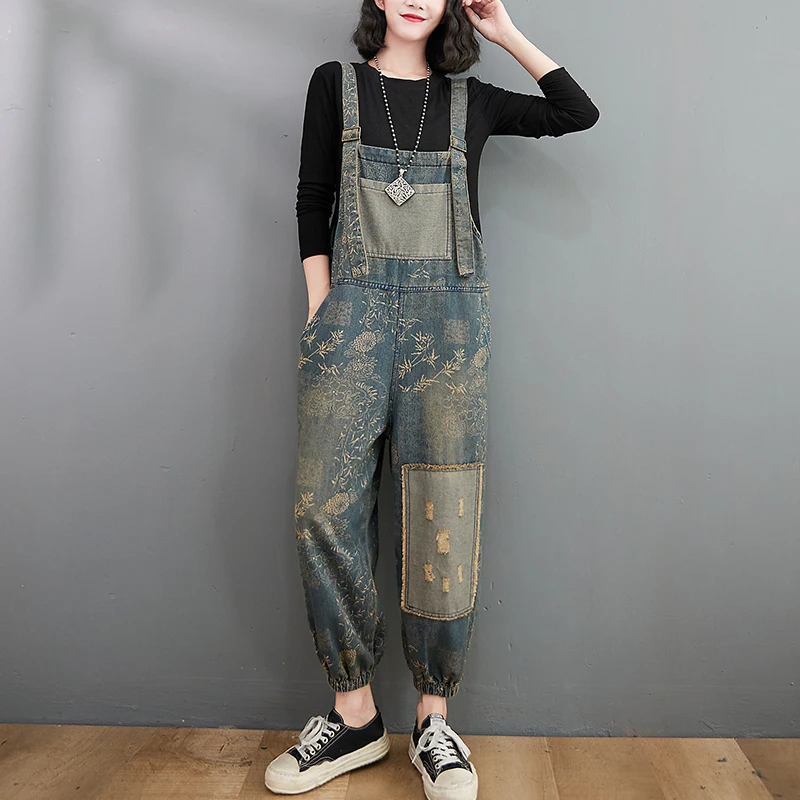 

Korean Vintage Prints Loose Denim Rompers Women Hing Waist Spaghetti Strap Jumpsuits Wash Old Patchwork Casual Jeans Overalls