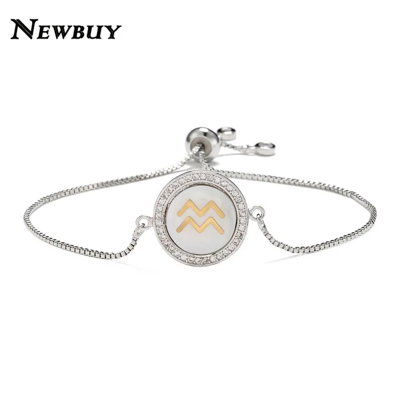 NEWBUY Мода 12 Созвездие шарм браслеты для женщин Девушка Уникальный дизайн оболочки браслет CZ Роскошный Золотой символ знаков зодиака - Окраска металла: Aquarius