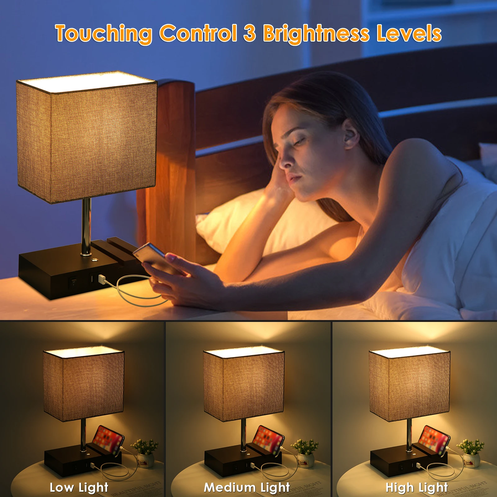 

Tomshine Touching Control Table Lamp with 2 USB Ports 3-Way Dimmable Bedside Nightstand Desk Light for Bedrooms (Bulb Included)