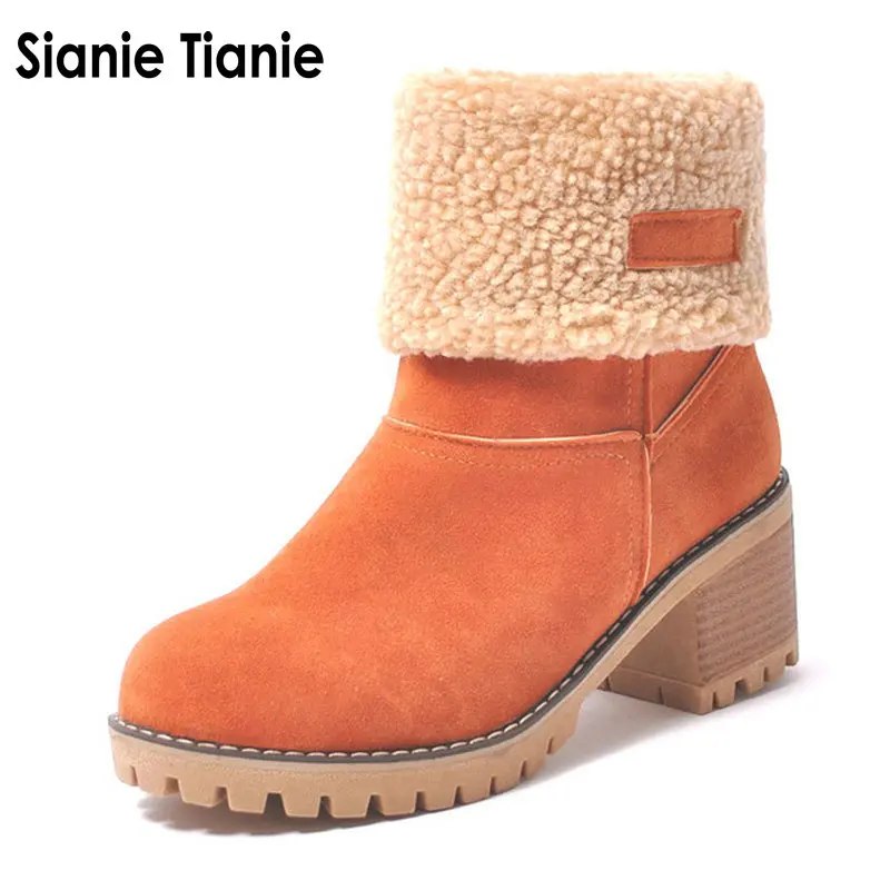 Женские ботинки на меху siskoda черные ботильоны высоком квадратном каблуке теплые