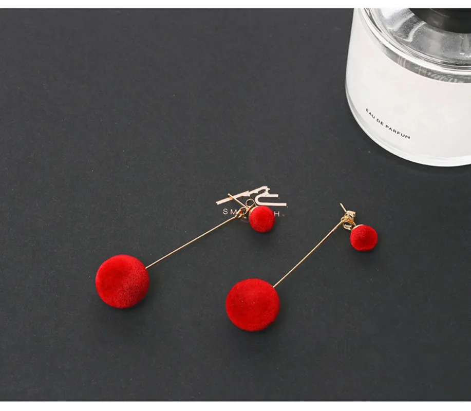 New Fashion Korean Long Plush Ball Drop Earrings For Women Round Tassel Statement Red Blue Grey Black Earring E0371 | Украшения и