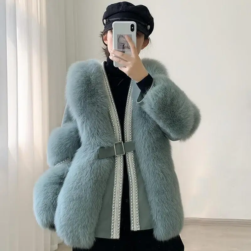

ZDFURS* Women Real Fox Fur Coats with Genuine Leather Fur Jackets Rivet Belt Closing Whole Skin Luxury Fur Clothing Medium