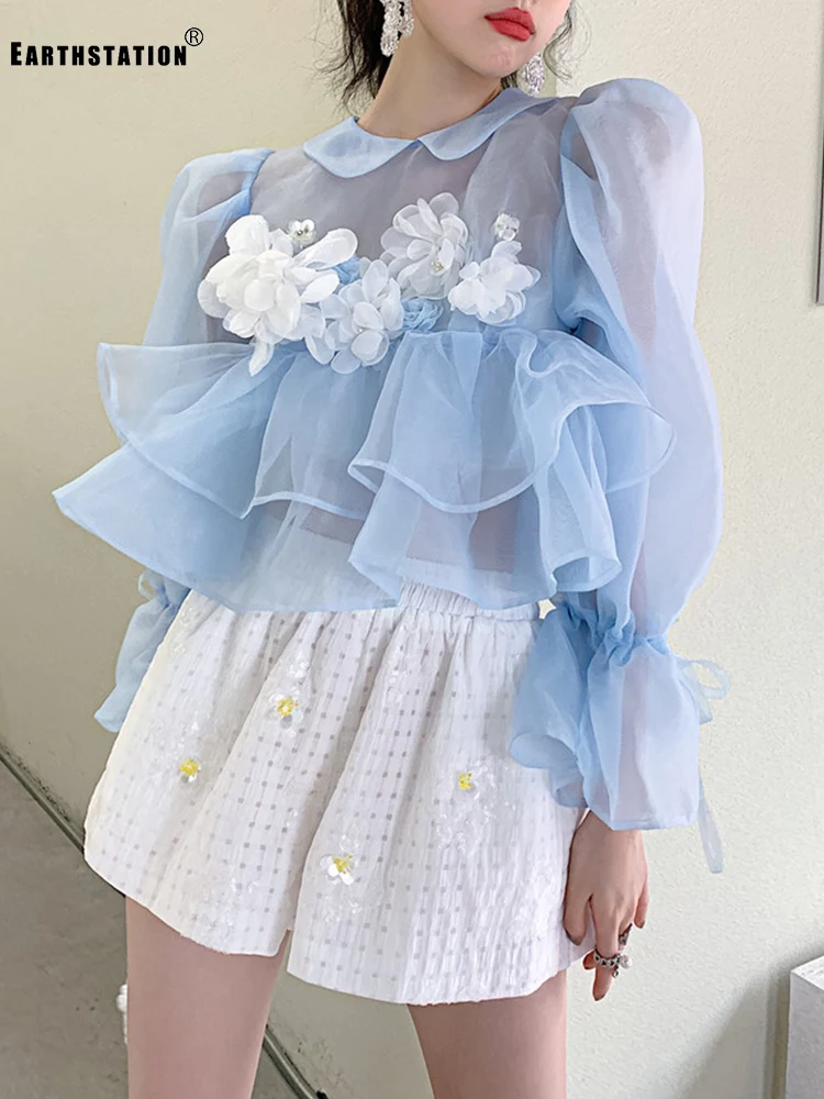 

Retro Contrasting Color Applique Doll Collar Ruffles See-through Thin Shirt Ladies Autumn New Fashion All-match Topwear + Sling