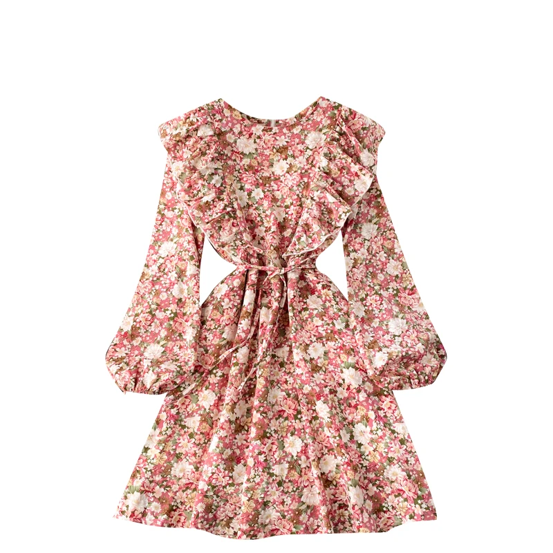 

Spring 2021 New French Retro Floral Vestidos Female Round Neck Puff Sleeve Lace-up Waist Slimming Mini Dress C473