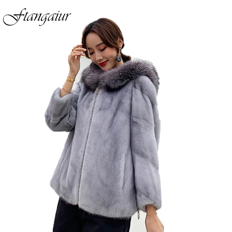 

Ftangaiur New Winter Import Velvet Mink Coat Golden Island Fox Fur Hood Coat Natural Fur Coat Women Short Real Mink Fur Coats