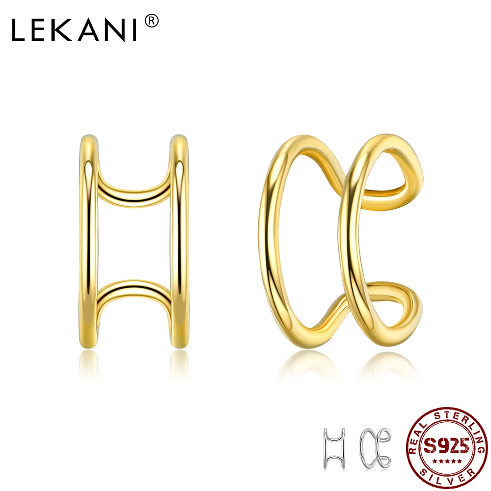

LEKANI 925 Sterling Silver Jewelry Double Circle Golden Cuff Earrings For Women Rock Punk Non Piercing Not Allergic Clip Earring
