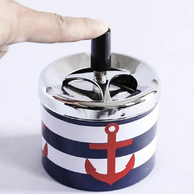 1pc Pirate stripes Tinplate Ashtray with Spinning Tray Round Push Down Cigarette Windproof Ashtray Home Smoking Accessories Tray