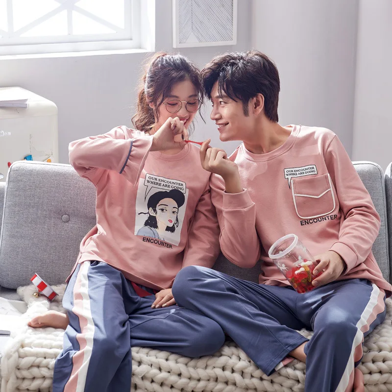 Одинаковый пижамный комплект для пары Хлопковая пижама с длинными рукавами