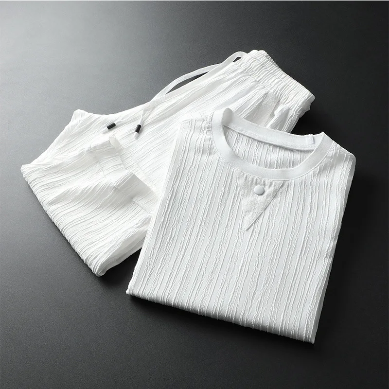 

Ropa De Hombre 2021 Summer Plus Size Men's Casual Suit Men's Ice Silk Retro Chinese Style Short-sleeved T-shirt Two-piece Suit