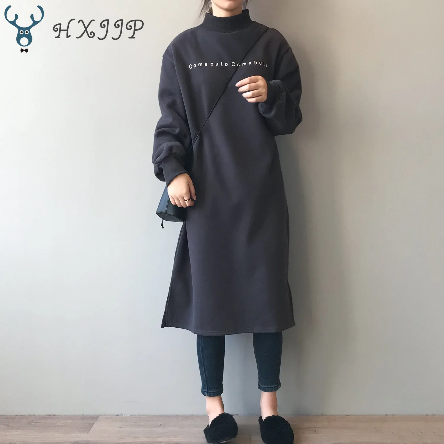 Осень/Зима 2019 Новое Платье До Колена с высоким воротником женское платье