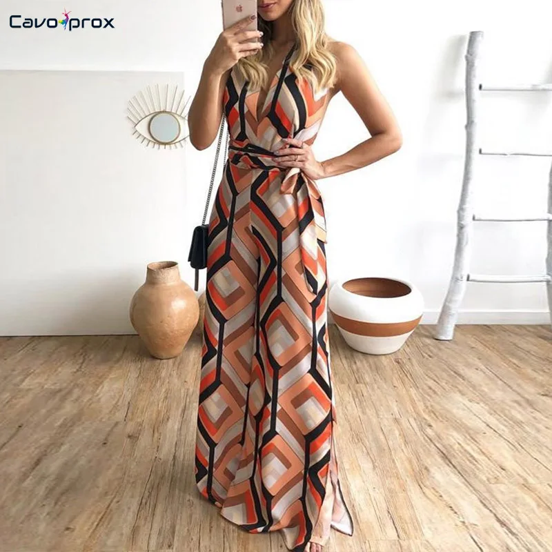 Женский красочный комбинезон с геометрическим принтом разрезом широкими