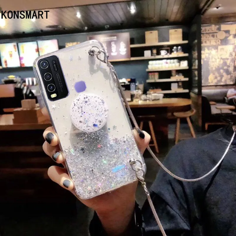 

Прозрачный чехол KONSMART с блестками для VIVO Y50 Star, роскошный силиконовый чехол-подставка, чехол VIVO Y50 6,53 дюйма, мягкая задняя крышка из ТПУ с реме...