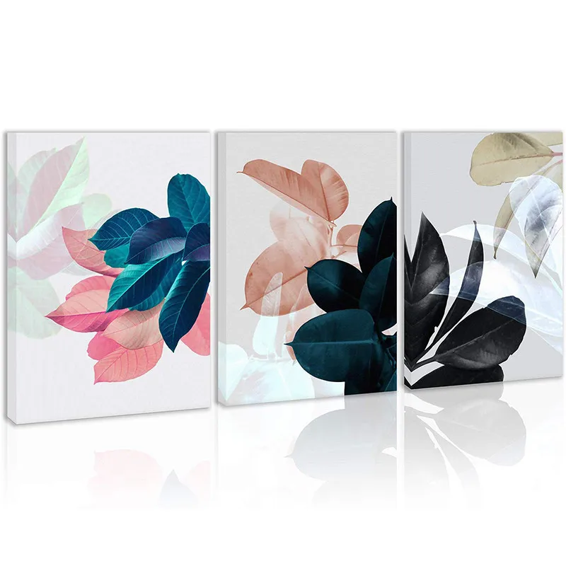 Абстрактная цветная Картина на холсте с листьями растений 3 панели рамкой