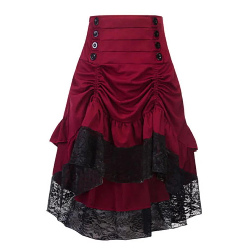 

Red Midi Long Skirts Womens Maxi Skirt Goth Lolita Summer High Waisted Asymmetrical High Low Ruched Ruffle Skirts rok