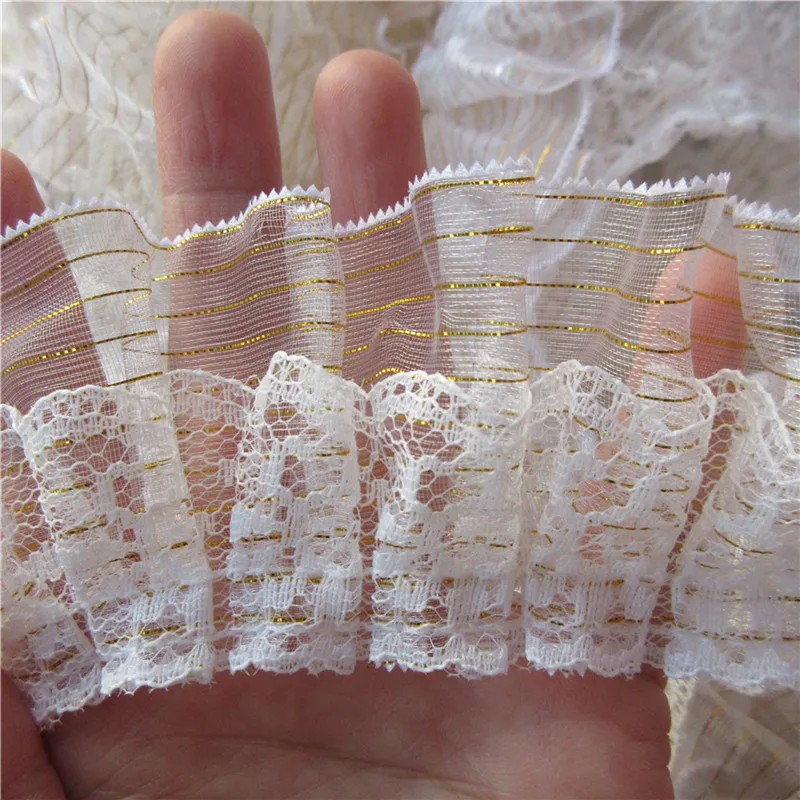 1 ярд 2-слойная Золотая плиссированная вуаль пилообразные кружева оборки