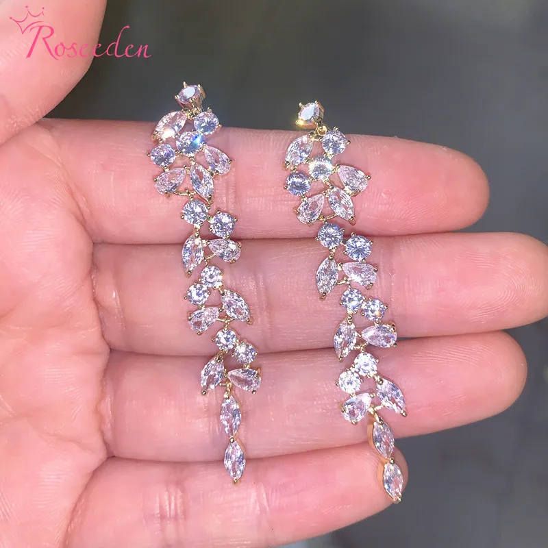 

Fashion CZ Leafs Earring Wedding Jewelry AAA Cubic Zirconia Long Drop Elegant Women Bridal Earrings RE4156