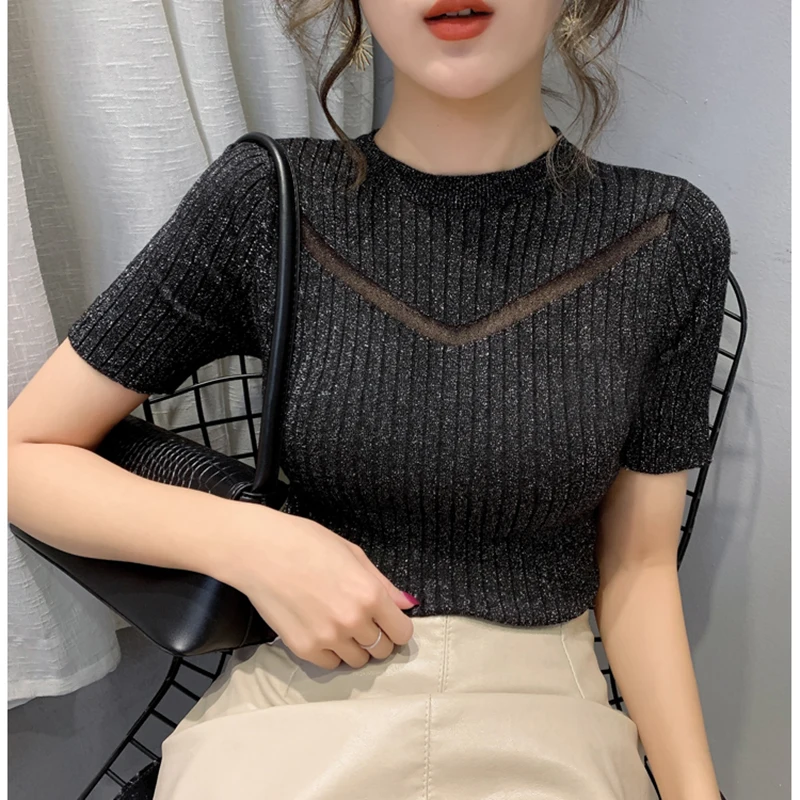 

2020 Summer Vogue Knitted Sexy top mesh T shirt Women O-neck Short Sleeve Slim Solid Tee Shirt Femme Ladies Pullover Tshirt Tops