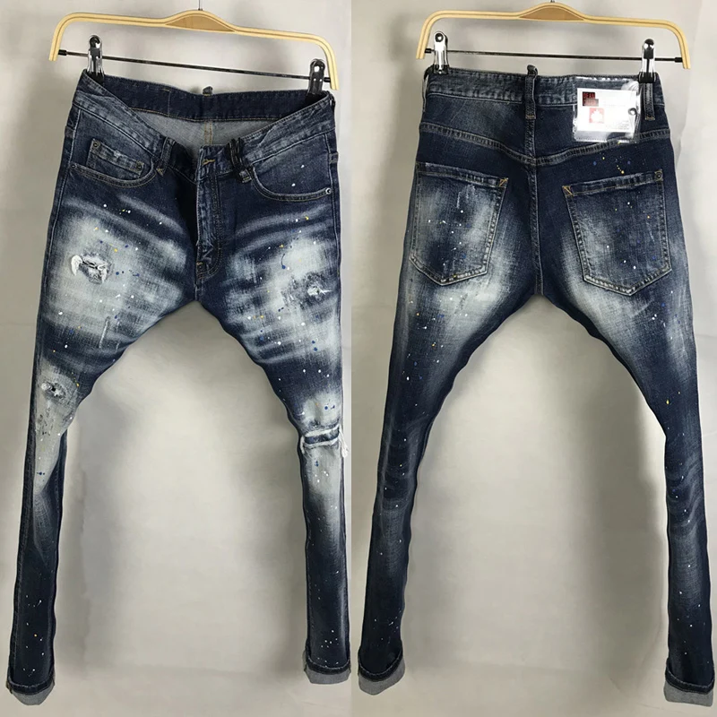 

Italian Style Fashion Men Jeans Retro Blue Slim Fit Destroyed Ripped Jeans Men Painted Designer Streetwear Hip Hop Punk Pants