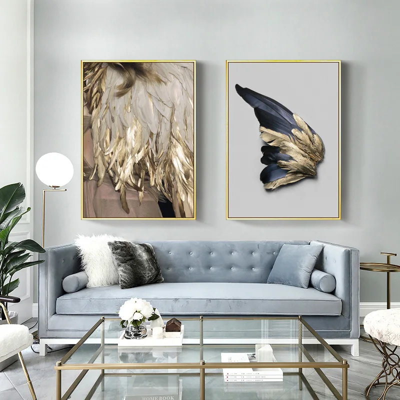 Современная Картина на холсте с золотыми перьями в скандинавском стиле постеры