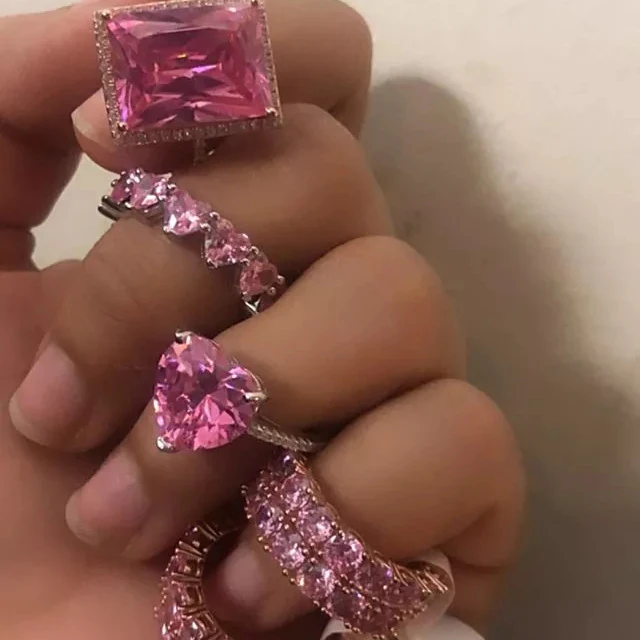 Romantic Pink Pinky Crystal Full CZ Two-layer Luxury Rings For Women Bridal 2022 Summer Fashion Engagement Wedding Band Jewelry