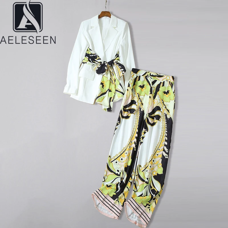 Женский винтажный офисный костюм AELESEEN белый пиджак и длинные брюки с цветочным