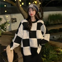 autumn and winter new contrast color plus velvet thick knitted checkerboard plaid sweater loose lazy style pajamas home service