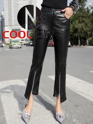 

Designer Zipper Flare Pants Women Sheepskin Genuine Leather Slim Ankle Length Pants Female Streetwear High Waist Casual Pants