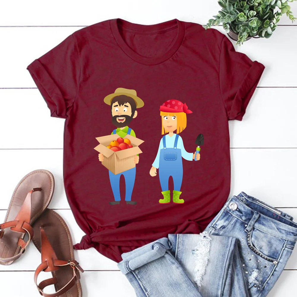 

Farmer couple Women 2021 Summer Short Sleeve Fashion Print Lady T-shirts Top T Shirt Ladies Womens Graphic Female Tee TX9878