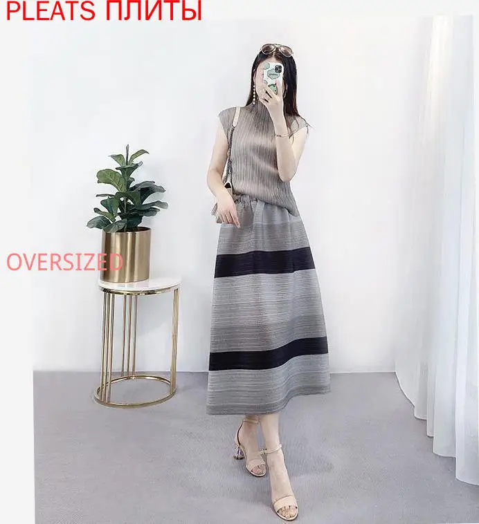 

Miyake Folds Wide Striped Skirt Summer New Fashion Irregular Loose Show Thin Elastic Waist Long Skirt Women PLEATS Upe Faldas