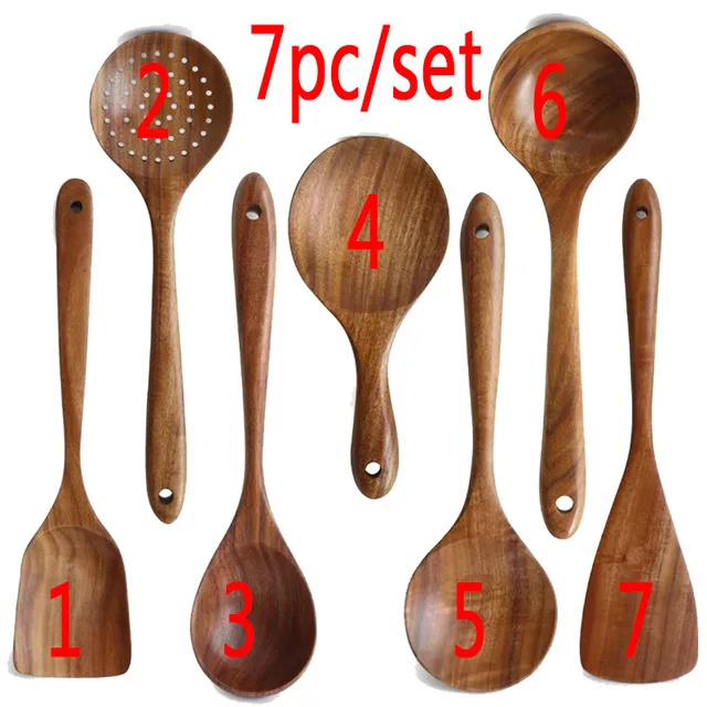 

1-7pcs/set Teak natural wood tableware spoon colander spoon special nano soup skimmer cooking spoon wooden kitchen tool kit2021
