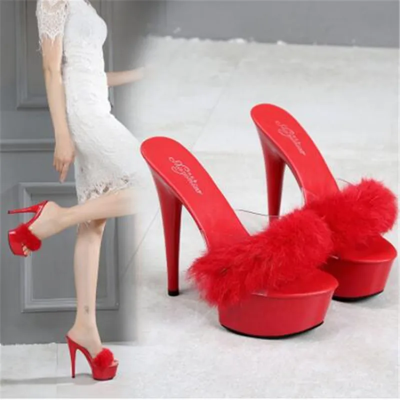 

2020 Women Club New Rabbit Hair Special High Heels Sexy Black Red Waterproof Platform High heels Sandals Female Plus Size 34-43