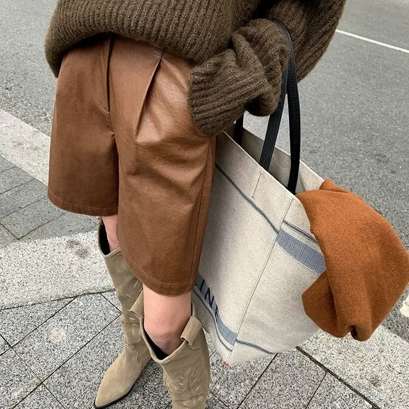 

Boosty Bermuda Shorts for Women Ladies High Waisted PU Leather Shorts Pocket Camel Black Knee-Length Trouser Women's Shorts