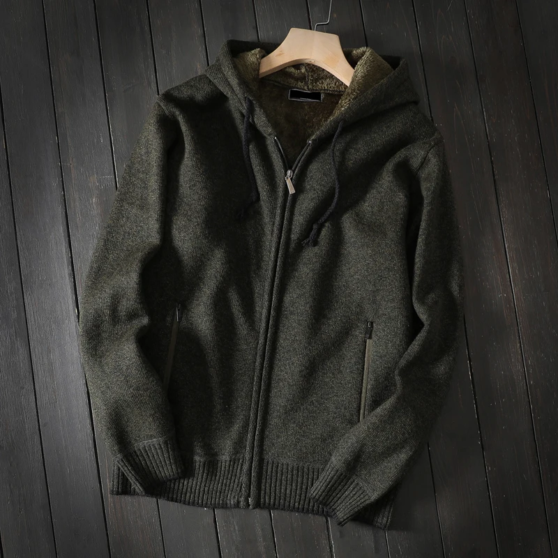 

Man Wool Blends Hooded Cardigan Plus Velvet Thickening Collar Jackets Korean Style Zipper Pockets Warm Knitting Sweaters Winter