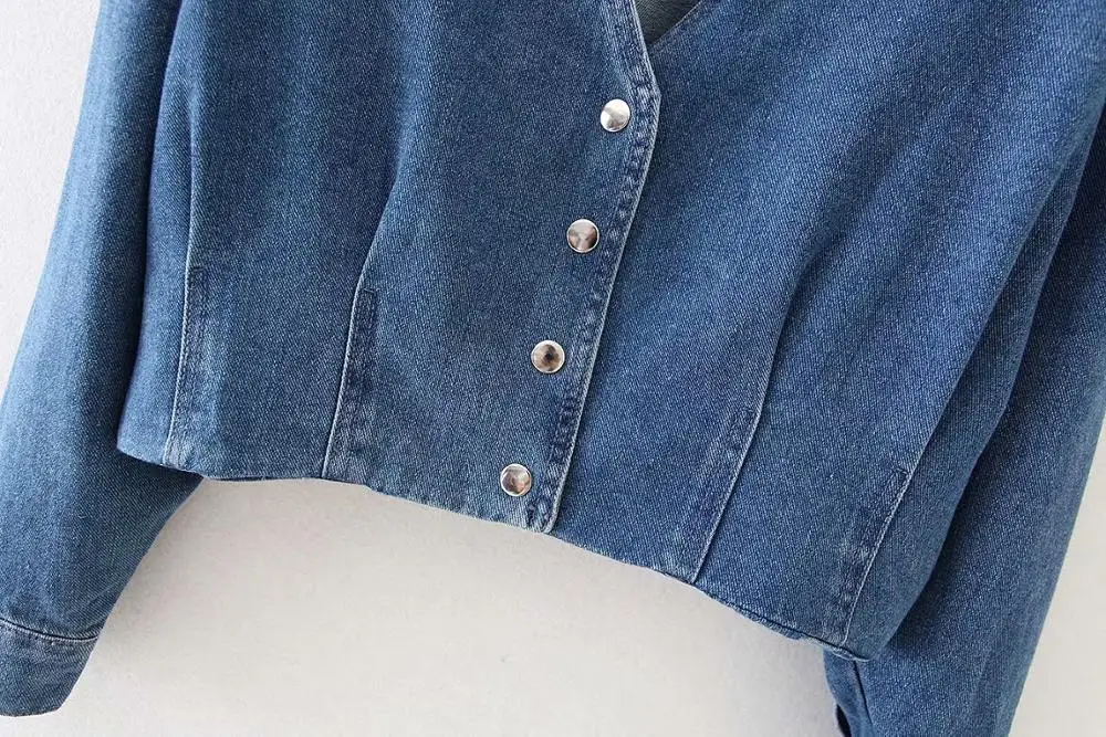 Модная куртка Bazaleas укороченная с V-образным вырезом женская синяя на пуговицах