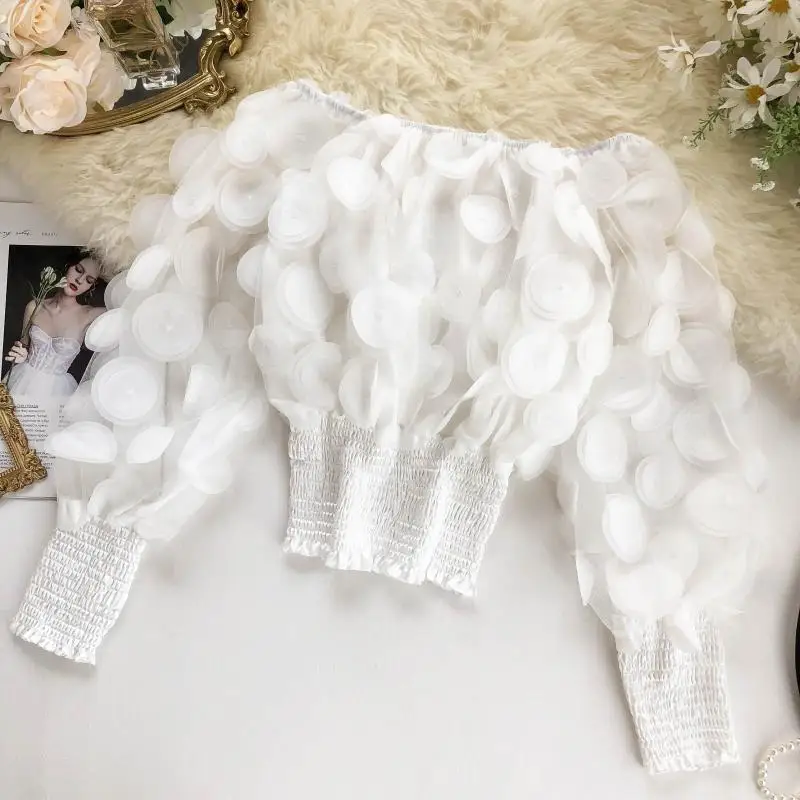 

Sexy Off Shoulder womens tops and blouses 2020 Mesh Sheer Puff Sleeve Tops Summer 3D Flower Vintage White Women Shirt Blouse