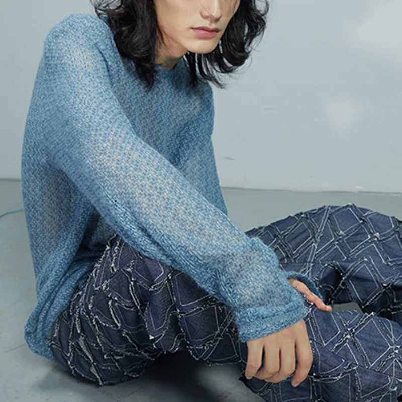 

XITAO Loose Mesh Pullover Fashion New Knitted Top Elastic Waist Broken Knit Loose Skirt Two Piece Set Casual Style Loose ZLL5391