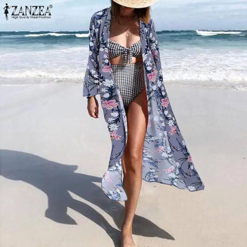 В богемном стиле с принтом кардиган для женщин длинными рукавами и цветочным