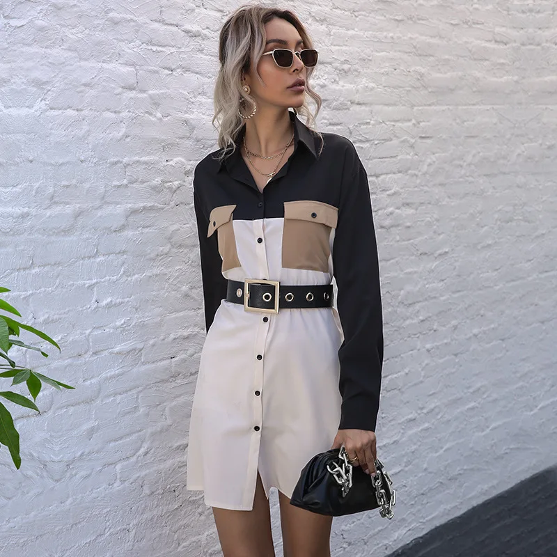 

Color matching mid-length shirt women's slim cardigan skirt womens sexy tops collar blouse