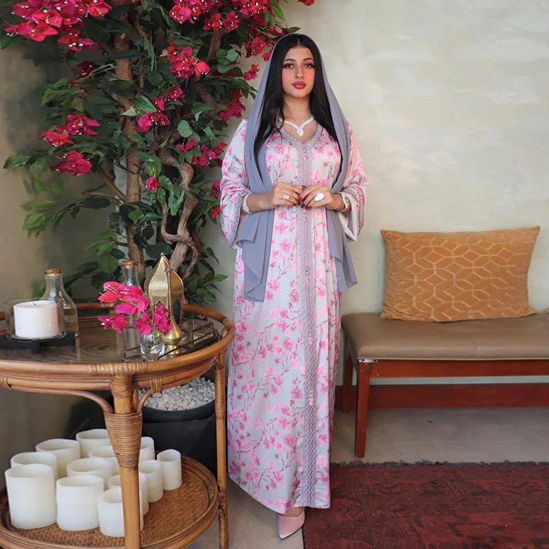 

Fashion Pink Floral Abaya Jalabiya Muslim Dress for Women Moroccan Kaftan Middle East Dubai Turkey Arab Clothes Printed