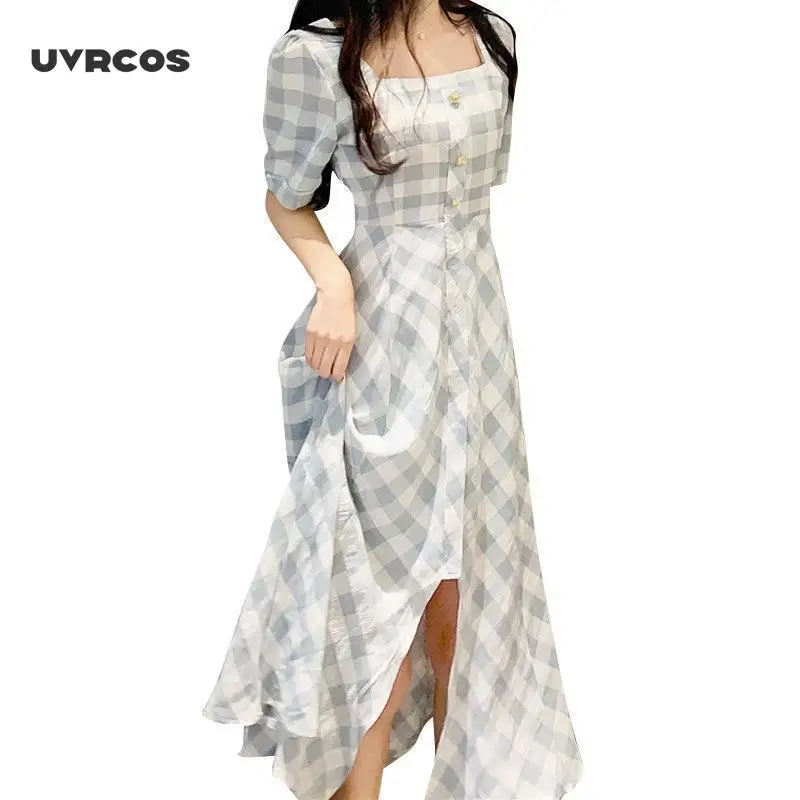 

Korean Fashion Sweet Women Dress 2021 Short Sleeve Square Collar Female Dresses Button High Waist