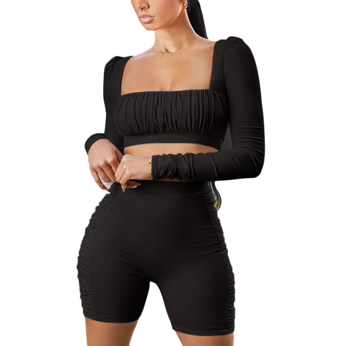 

Women Square Neck Long Sleeve Cropped Tops High-Waist Slimming Pants Sexy Solid Color Two Pieces Set Ladies Pullover Tracksuit