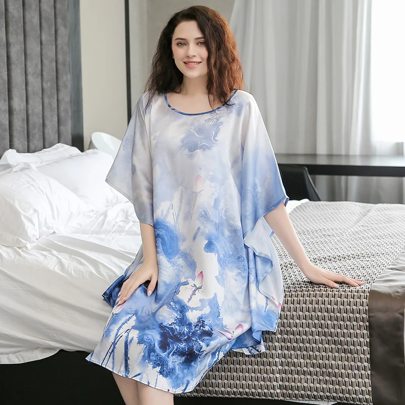 Summer 100% Real Silk Nightgown Women Print Hangzhou Silk Nightdress Women Sleepwear Half Sleeves Nightwear Loose Plus Size Robe