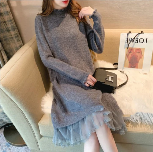 

Осень-зима 2021, женские теплые вязаные платья-свитеры, женское плотное прямое платье до колена с оборками на подоле, 2021