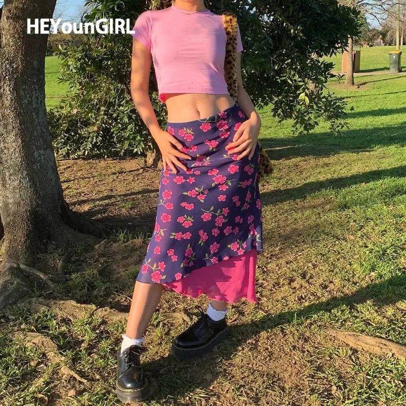 

HEYounGIRL Floral Print Y2K Aesthetic Midi Skirt Pink Sweat High Waist Short Skirts Womens Casual Patchwork Skinny Wrap Skirt